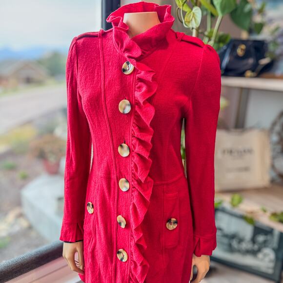Luii Anthropologie Red Wool Ruffled Button Up Autumn Jacket Dress, Women's Small - Picture 3 of 13